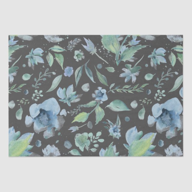 Watercolor Blue on Dark Grey Floral  Tissue Paper (Front)