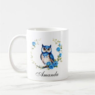 Watercolor Blue Owl and Roses Girly Coffee Mug