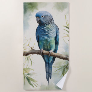 Watercolor Blue Parakeet Eucalyptus Tree Beach Towel