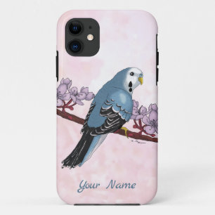 Watercolor Blue Parakeet with Blossoms iPhone 11 Case