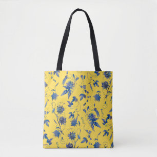 Watercolor Blue Passiflora on Mustard Yellow Tote Bag
