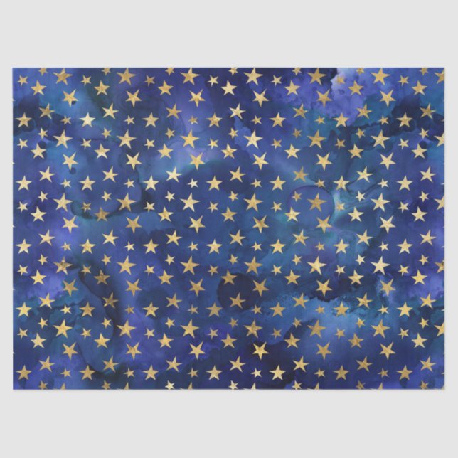 Watercolor Blue Pattern with Gold Stars Tissue Paper (Front)