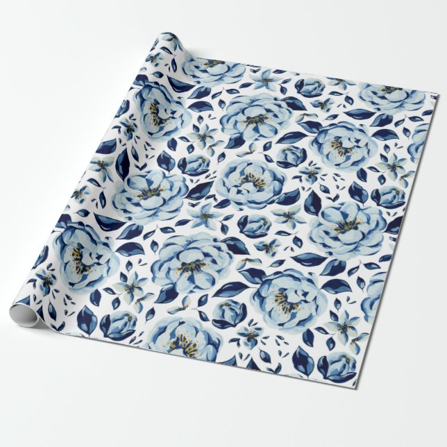 Watercolor Blue Peony Flower Pattern Wrapping Paper (Unrolled)