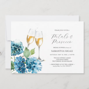Watercolor Blue Petals & Prosecco Bridal Shower Invitation