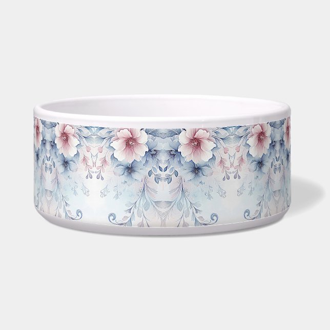 Watercolor Blue Pink Floral Ceramic Pet Bowl (Front)