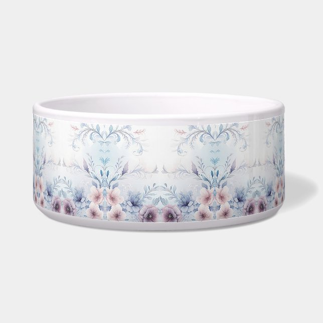Watercolor Blue Pink Floral Ceramic Pet Bowl (Front)