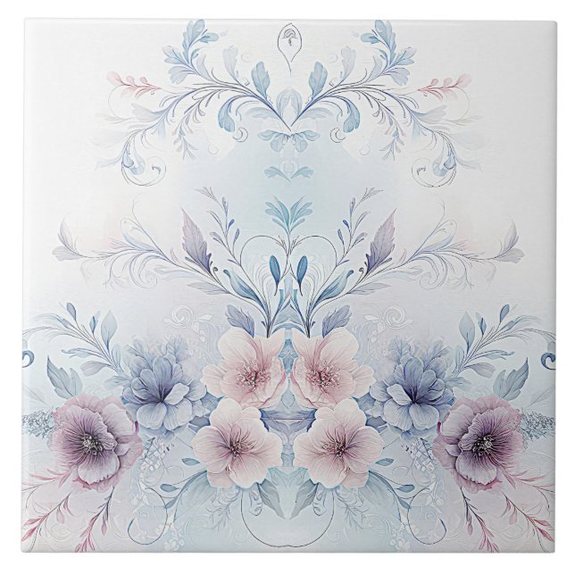 Watercolor Blue Pink Floral Ceramic Tile (Front)