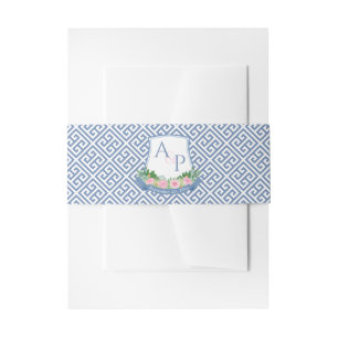 Watercolor Blue Pink Floral Monogram Wedding Crest Invitation Belly Band