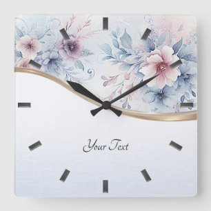 Watercolor Blue Pink Floral Wall Clock