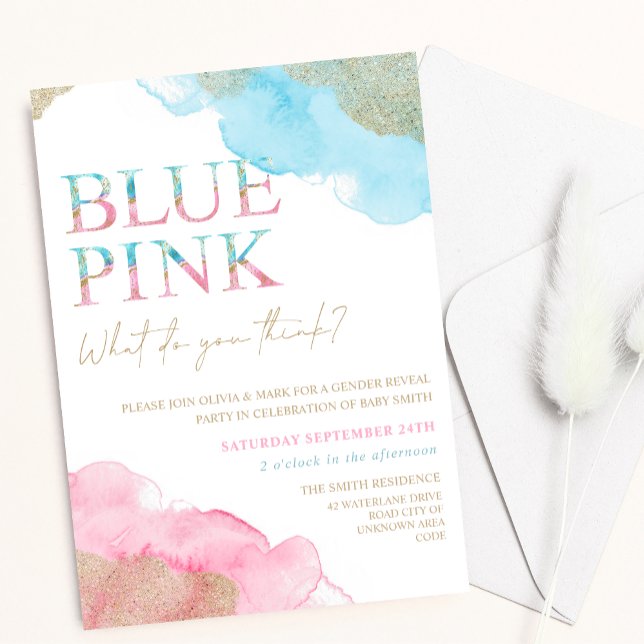 Watercolor Blue Pink Gold Glitter Gender Reveal Invitation (Creator Uploaded)
