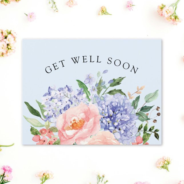 Watercolor Blue Pink Hydrangea Floral Get Well Postcard (Close up)