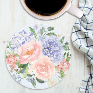 Watercolor Blue Pink Hydrangea Peony Spring Floral Coaster