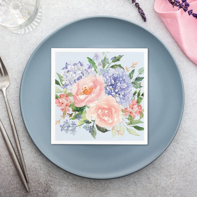 Watercolor Blue Pink Hydrangea Peony Spring Floral Napkin (In situ Wedding reception)