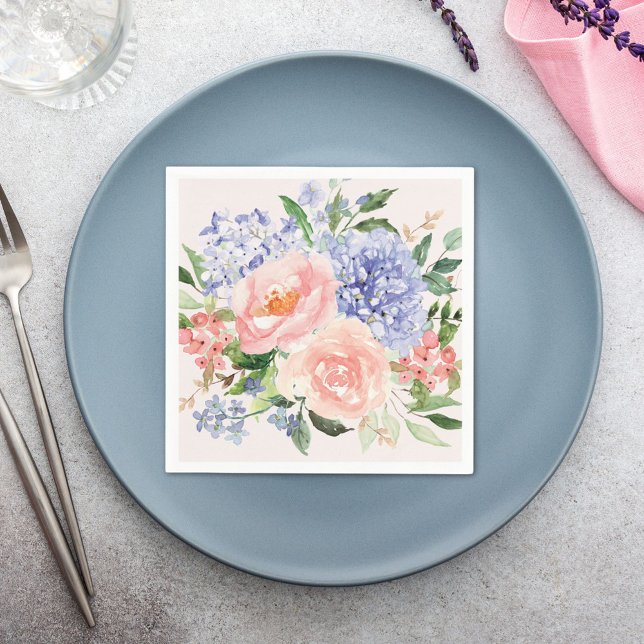 Watercolor Blue Pink Hydrangea Peony Spring Floral Napkin (In situ Wedding reception)