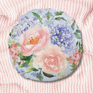 Watercolor Blue Pink Hydrangea Peony Spring Floral Round Pillow