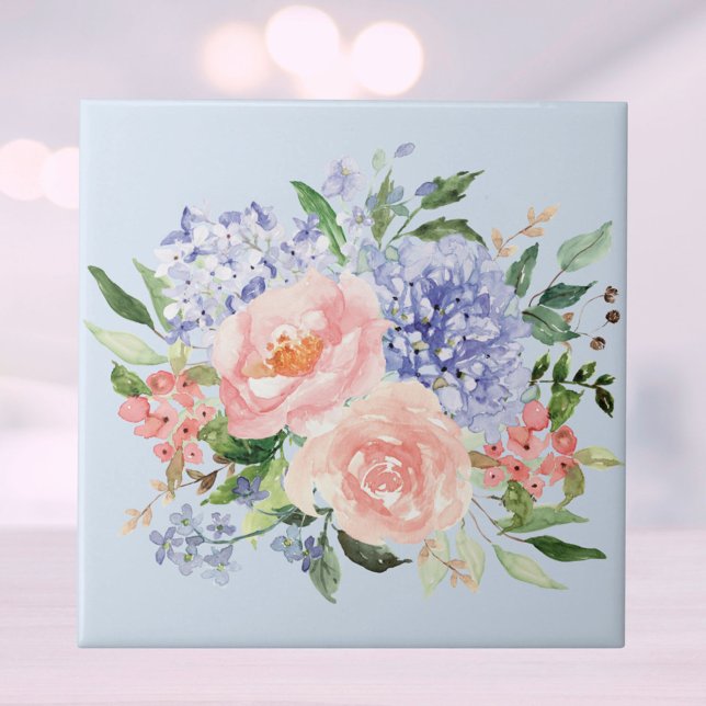 Watercolor Blue Pink Hydrangea Peony Spring Floral Tile (Close up)