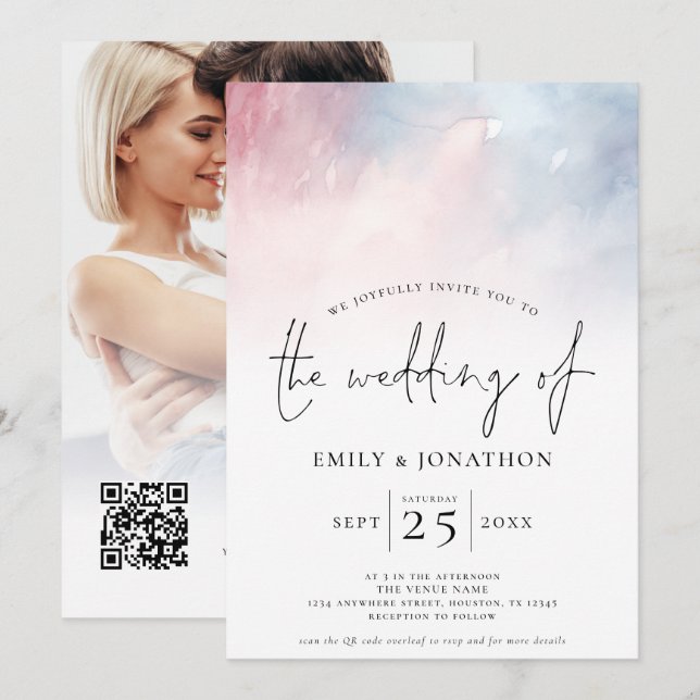 Watercolor Blue Pink Photo Overlay Wedding  Invitation (Front/Back)