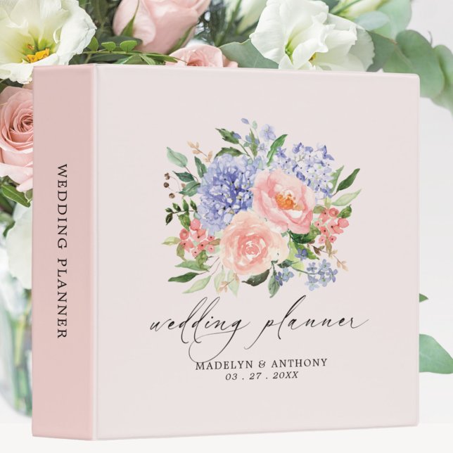 Watercolor Blue Pink Spring Floral Wedding Planner Binder (Close up photo)