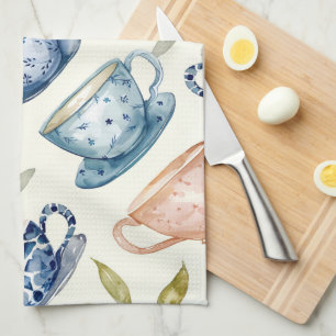 watercolor blue pink tea cups pattern kitchen towel