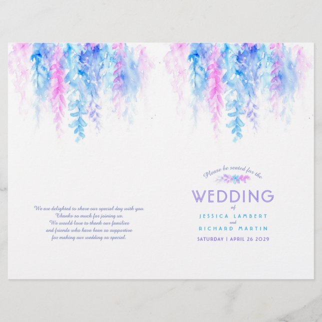 Watercolor blue pink vine floral wedding programme (Front)