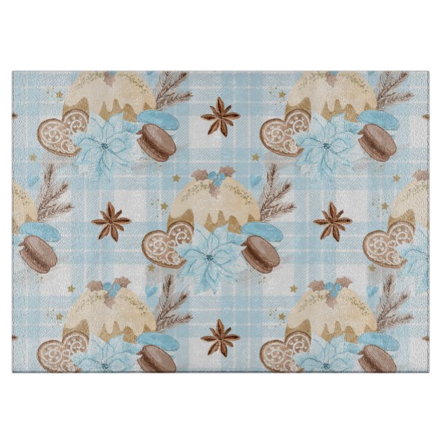 Watercolor Blue Plaid Christmas Cookies & Pudding Cutting Board (Front)
