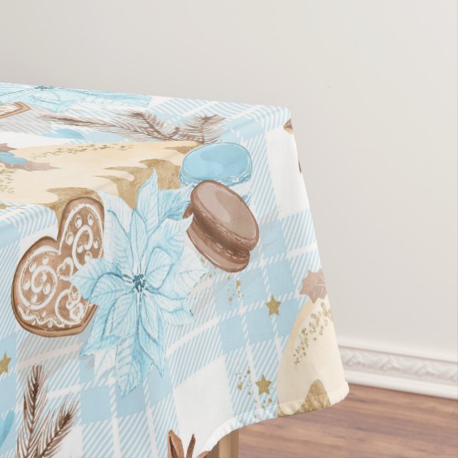 Watercolor Blue Plaid Christmas Cookies & Pudding Tablecloth (In Situ)