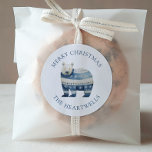 Watercolor Blue Polar Bear Merry Christmas Classic Round Sticker<br><div class="desc">These holiday stickers feature a cute watercolor polar bear in a blue and white striped sweater. The words "Merry Christmas" appear in blue serif font,  with your family's name below.</div>