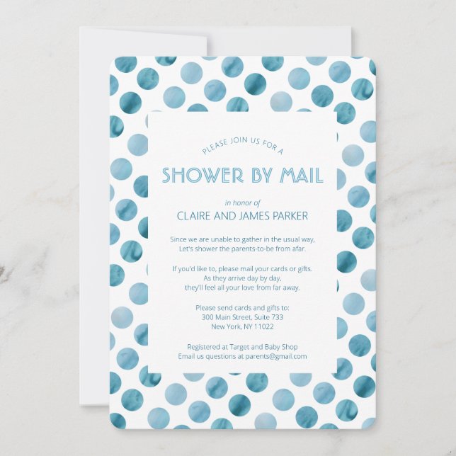 Watercolor Blue Polka Dot Baby Shower by Mail Invitation (Front)