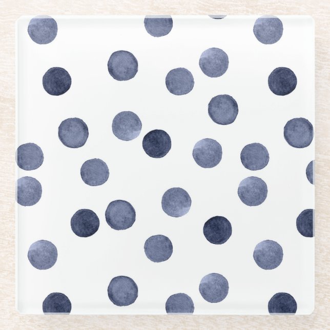 Watercolor . Blue polka dot . Glass Coaster (Front)