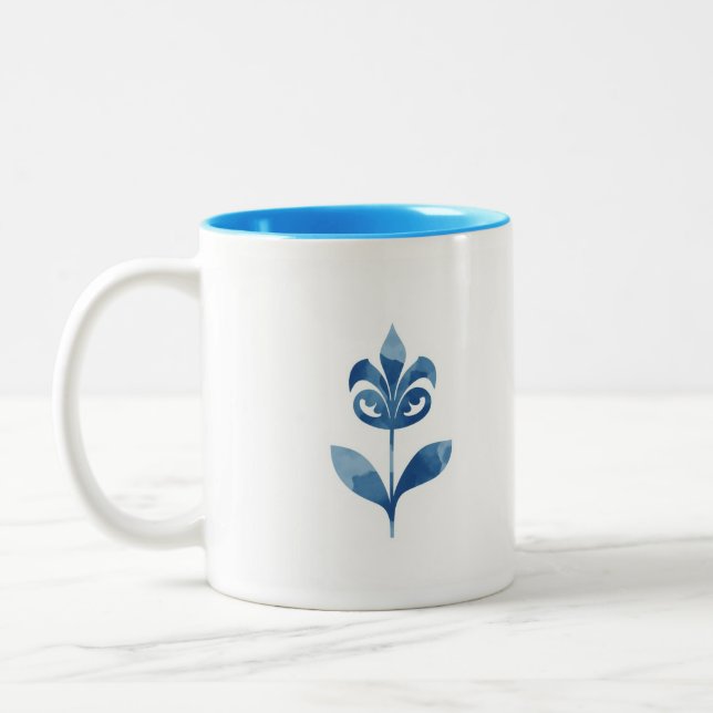 Watercolor Blue Pottery Flower  Two-Tone Coffee Mug (Left)