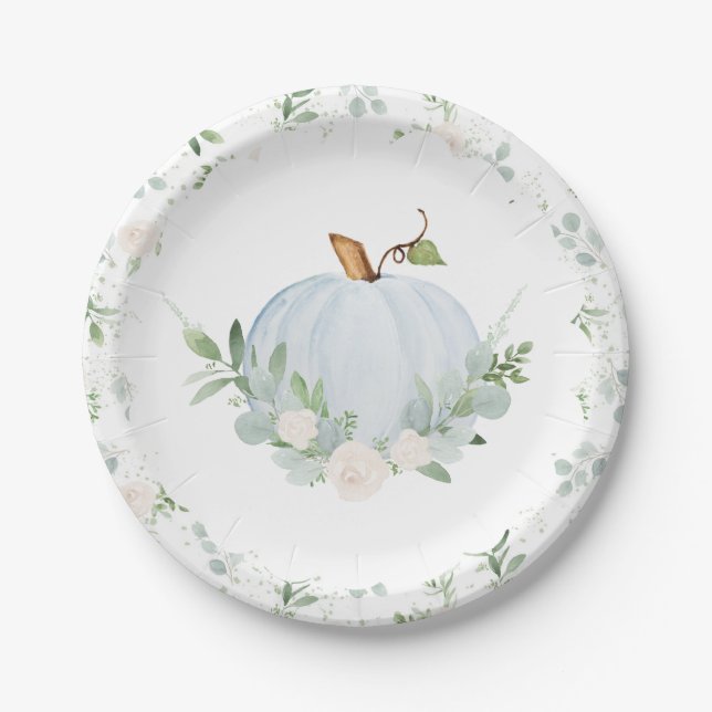 Watercolor Blue Pumpkin Autumn Baby Shower Paper Plate (Front)