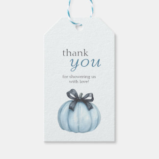 Watercolor Blue Pumpkin Black Bow Baby Shower Gift Tags