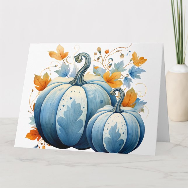 Watercolor Blue Pumpkins & Autumn Leaves Card (Front)