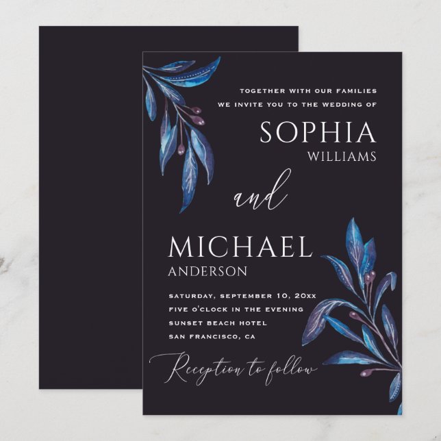 Watercolor blue purple floral botanical wedding invitation (Front/Back)