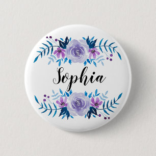 Watercolor Blue Purple Floral Wreath Custom Text 2 Inch Round Button