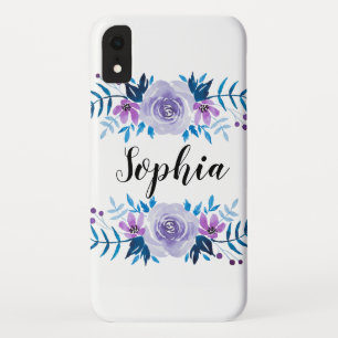 Watercolor Blue Purple Floral Wreath Custom Text iPhone XR Case