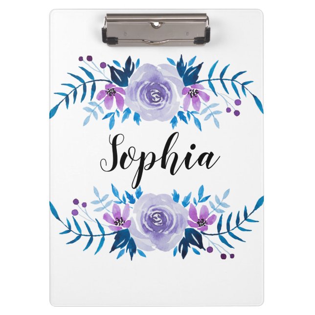 Watercolor Blue Purple Floral Wreath Custom Text Clipboard (Front)
