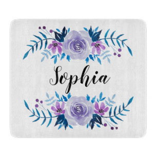 Watercolor Blue Purple Floral Wreath Custom Text Cutting Board