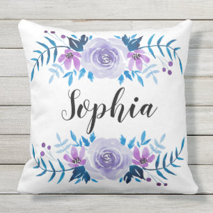 Watercolor Blue Purple Floral Wreath Custom Text Outdoor Pillow