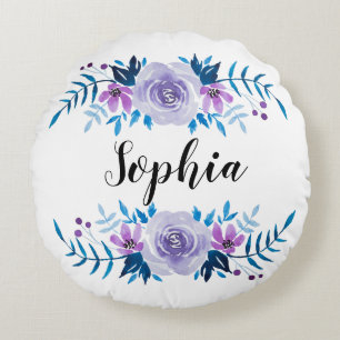Watercolor Blue Purple Floral Wreath Custom Text Round Pillow