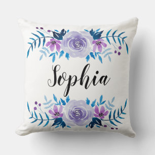 Watercolor Blue Purple Floral Wreath Custom Text Throw Pillow