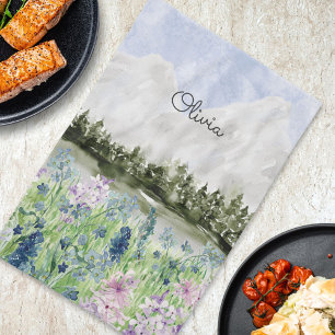 Watercolor Blue Purple Flower Meadow Mountain Tea Kitchen Towel