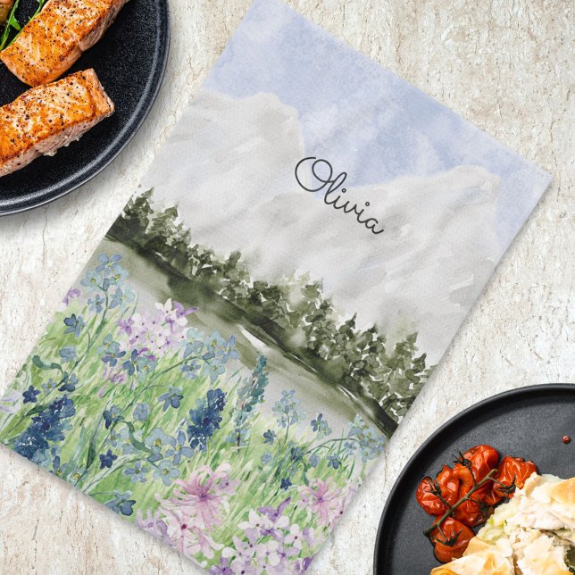 Watercolor Blue Purple Flower Meadow Mountain Tea Kitchen Towel (In situ kitchen table)