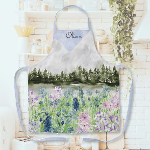 Watercolor Blue Purple Flower Meadow on Mountain Apron