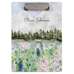 Watercolor Blue Purple Flower Meadow on Mountain Clipboard