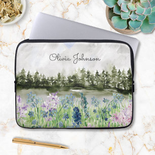 Watercolor Blue Purple Flower Meadow on Mountain Laptop Sleeve