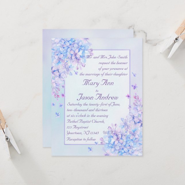 Watercolor Blue Purple Lilac Flower Wedding Invite (Front/Back In Situ)