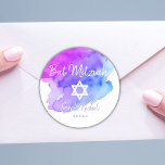 Watercolor Blue Purple Star of David Bat Mitzvah Classic Round Sticker<br><div class="desc">Add these gorgeous small round envelope sticker seals Jewish Bat or Bar Mitzvah to your invitations, envelopes, thank you cards or any other item such as thank you gifts or favours. For boy or girl. Modern Trendy white script calligraphy letters design. Watercolor background in blue, teal, turquoise, violet purple hues...</div>