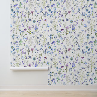 Watercolor Blue Purple Wildflower Floral Pattern Wallpaper