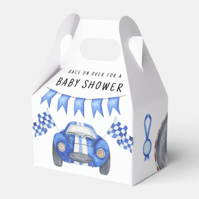 Watercolor Blue Race Car Baby Shower  Favor Box (Front Side)